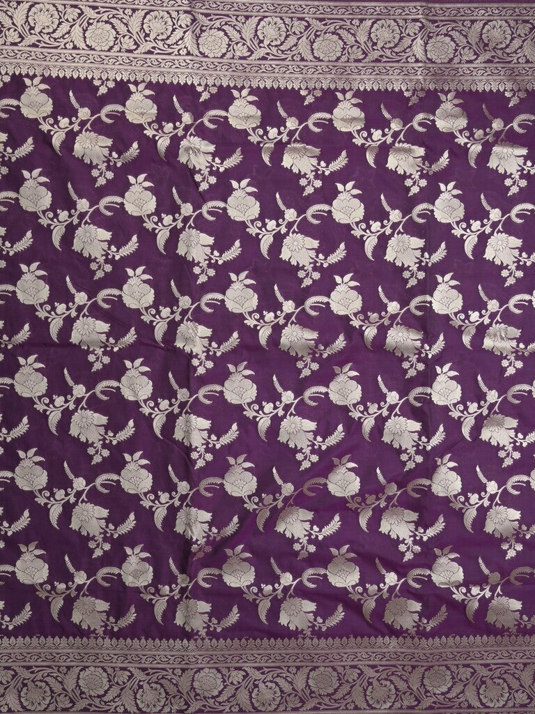 Banaras pattu saree in dark purple color allover zari weaves & zari border with rich pallu and striped blouse