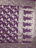 Banaras pattu saree in dark purple color allover zari weaves & zari border with rich pallu and striped blouse
