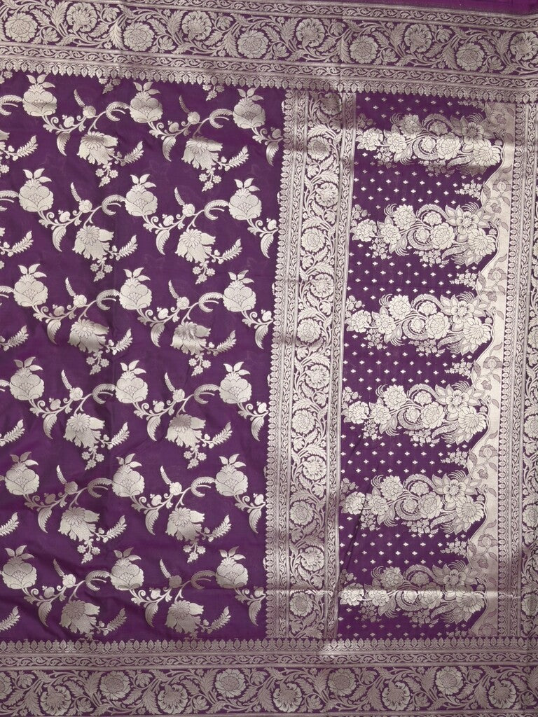 Banaras pattu saree in dark purple color allover zari weaves & zari border with rich pallu and striped blouse