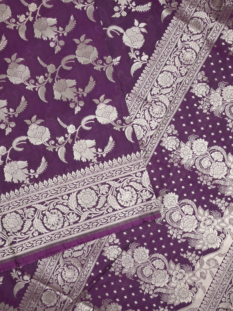 Banaras pattu saree in dark purple color allover zari weaves & zari border with rich pallu and striped blouse