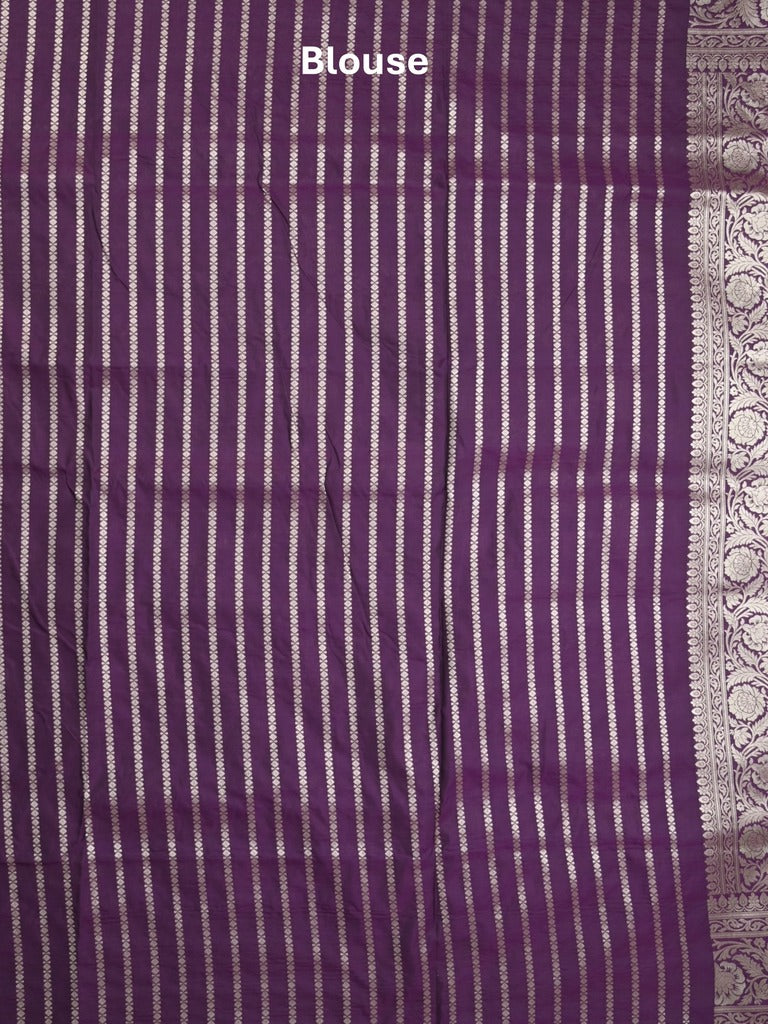 Banaras pattu saree in dark purple color allover zari weaves & zari border with rich pallu and striped blouse