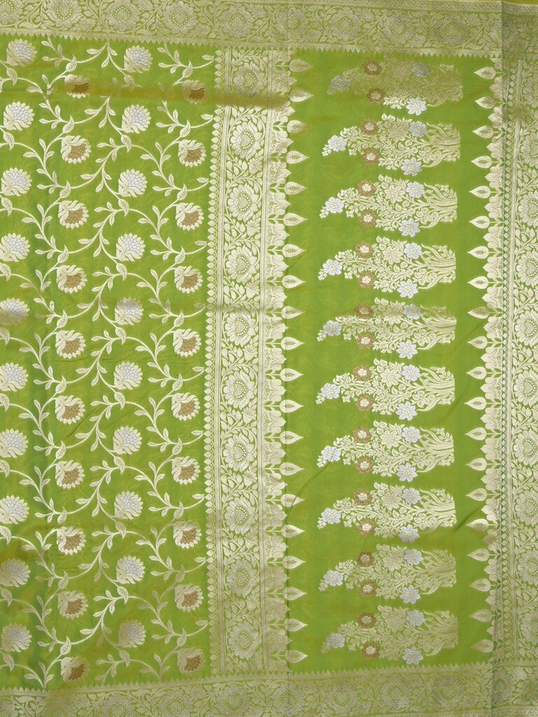 Banaras pattu saree in parrot green color allover zari weaves & zari border with rich pallu and striped blouse