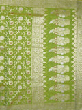 Banaras pattu saree in parrot green color allover zari weaves & zari border with rich pallu and striped blouse