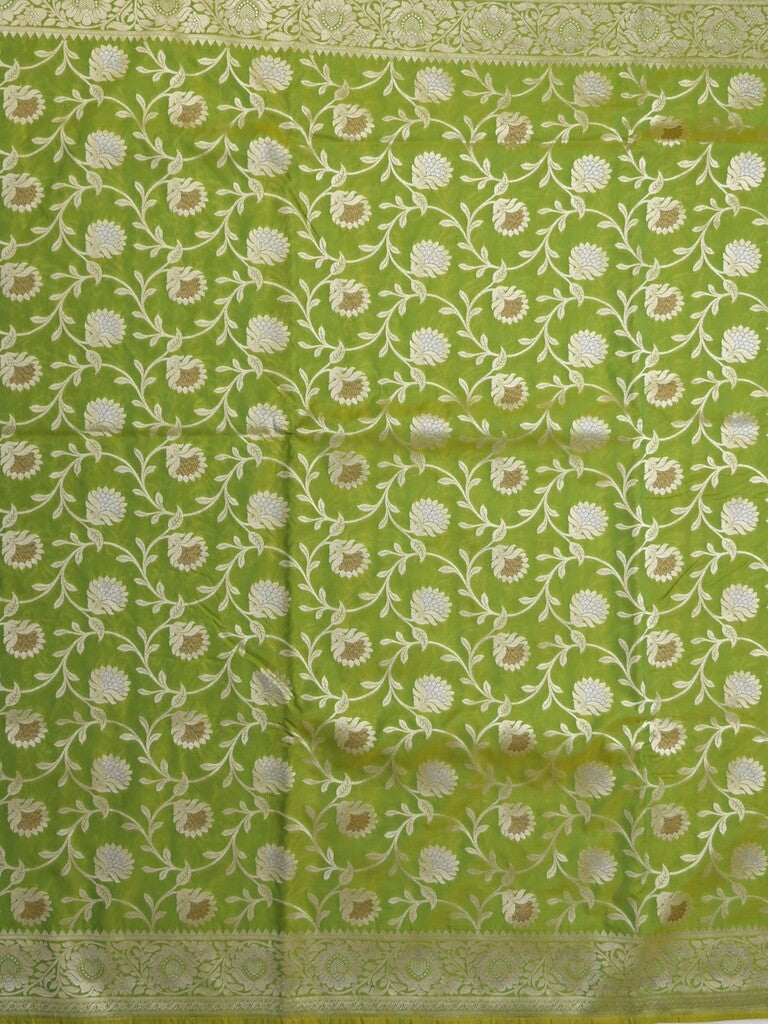 Banaras pattu saree in parrot green color allover zari weaves & zari border with rich pallu and striped blouse