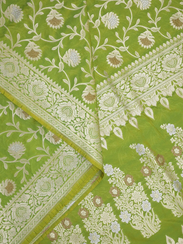 Banaras pattu saree in parrot green color allover zari weaves & zari border with rich pallu and striped blouse