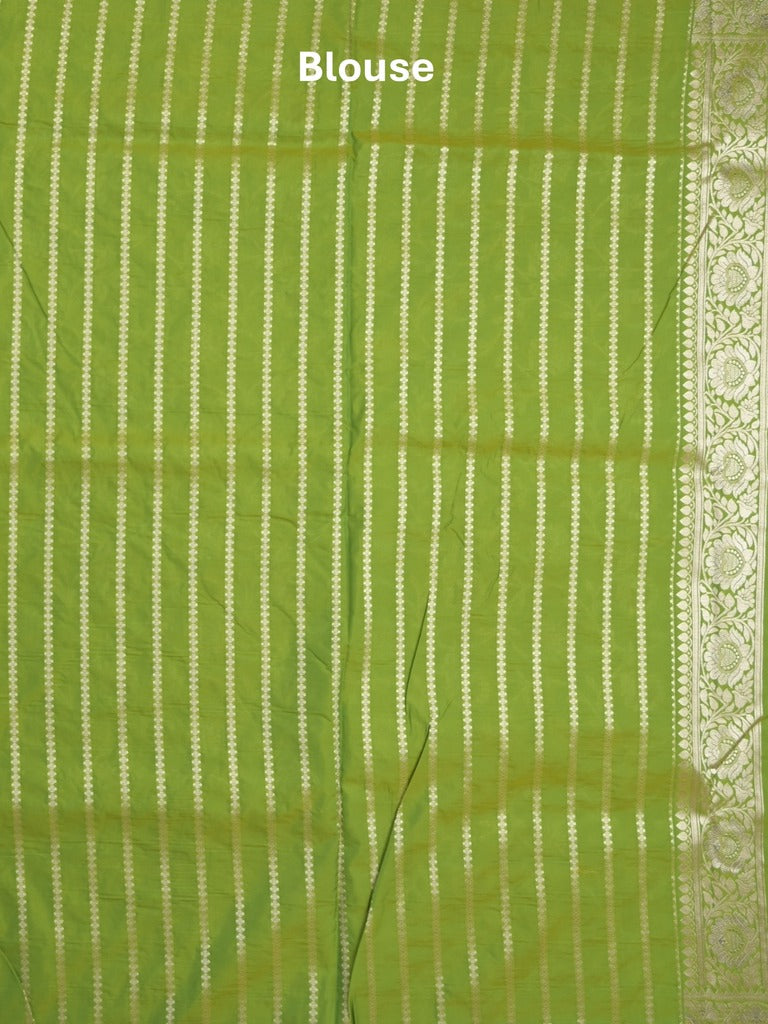 Banaras pattu saree in parrot green color allover zari weaves & zari border with rich pallu and striped blouse