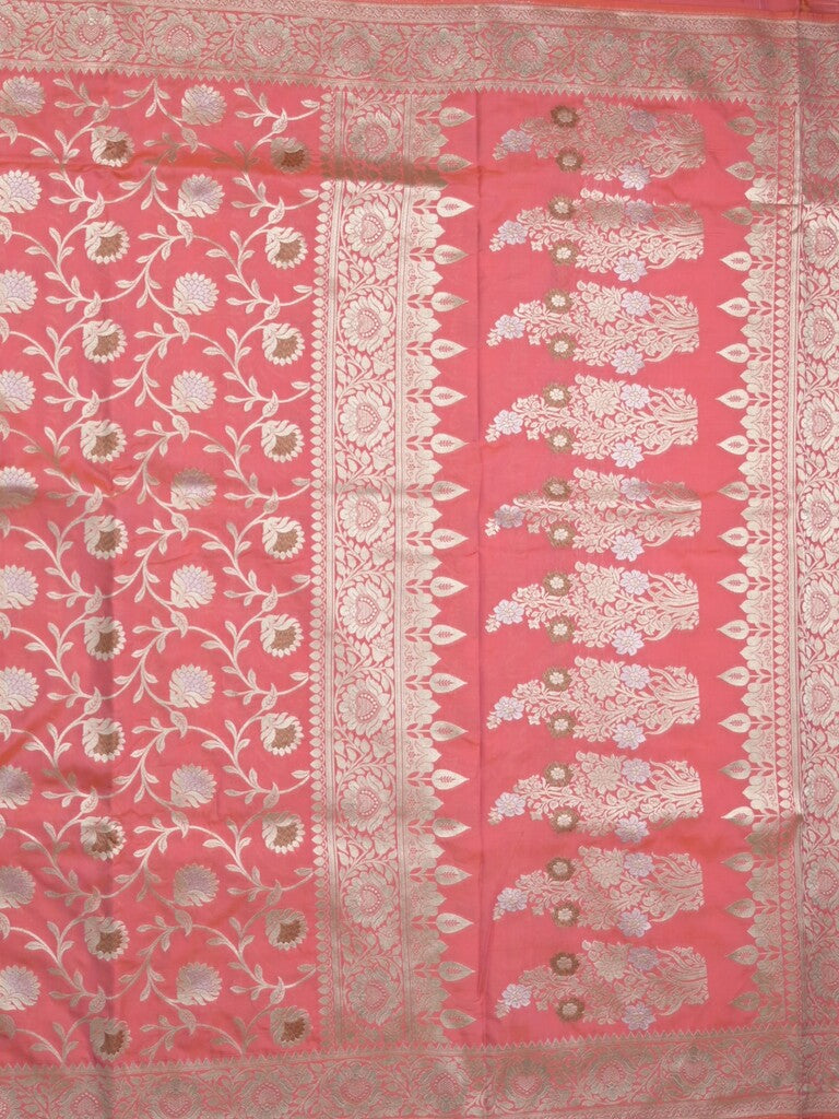 Banaras pattu saree in pink color allover zari weaves & zari border with rich pallu and striped blouse