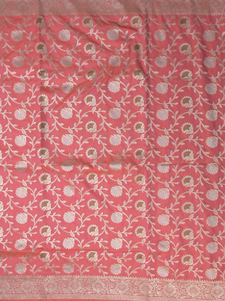 Banaras pattu saree in pink color allover zari weaves & zari border with rich pallu and striped blouse