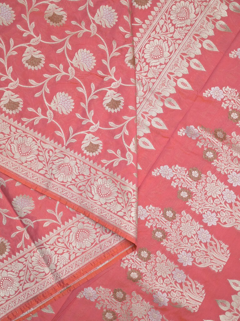 Banaras pattu saree in pink color allover zari weaves & zari border with rich pallu and striped blouse