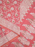 Banaras pattu saree in pink color allover zari weaves & zari border with rich pallu and striped blouse