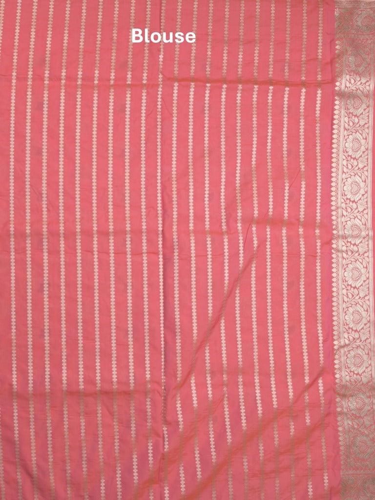 Banaras pattu saree in pink color allover zari weaves & zari border with rich pallu and striped blouse