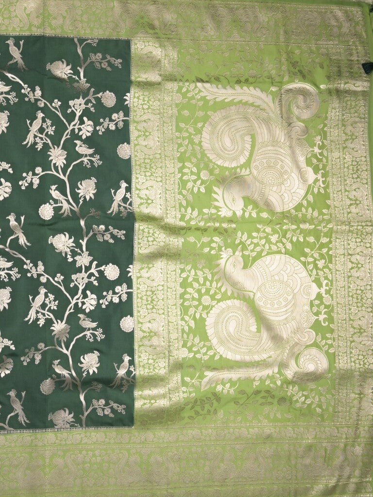 Banaras fancy saree bottle green color allover zari weaves & zari border with rich pallu and plain blouse