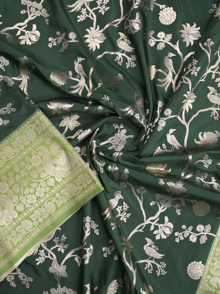 Banaras fancy saree bottle green color allover zari weaves & zari border with rich pallu and plain blouse