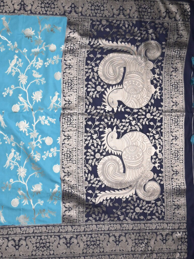 Banaras fancy saree sky blue color allover zari weaves & zari border with rich pallu and plain blouse