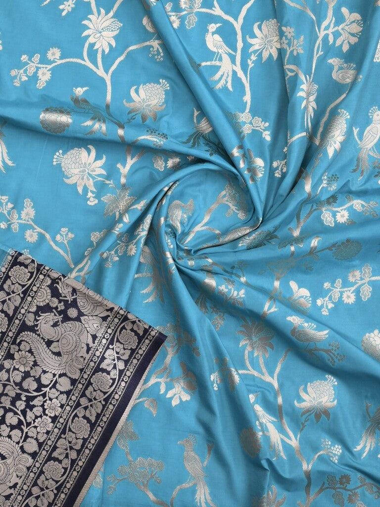 Banaras fancy saree sky blue color allover zari weaves & zari border with rich pallu and plain blouse