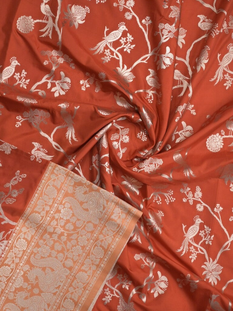 Banaras fancy saree orange color allover zari weaves & zari border with rich pallu and plain blouse