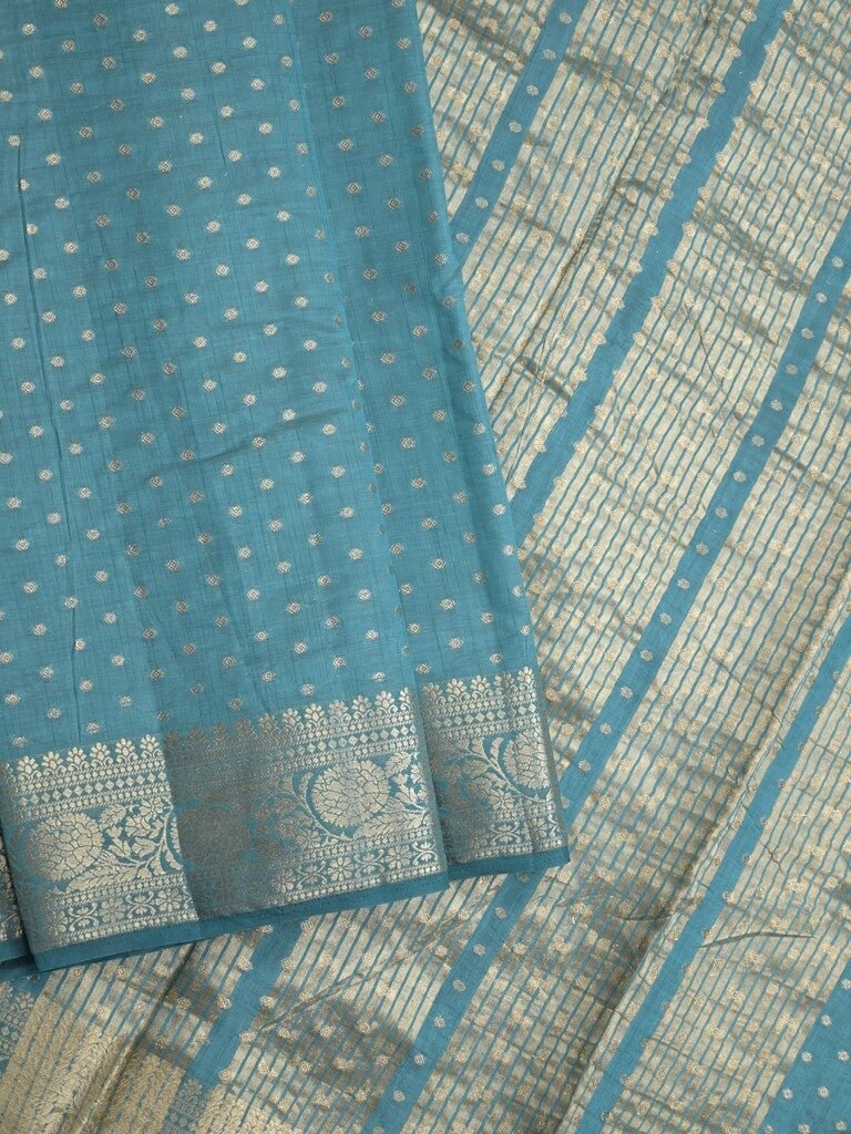 Dupion fancy saree sky blue color allover zari motifs & zari border with zari pallu and running blouse