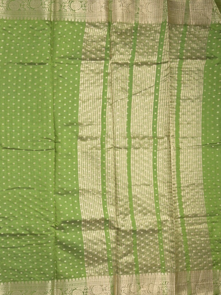 Dupion fancy saree parrot green color allover zari motifs & zari border with zari pallu and running blouse