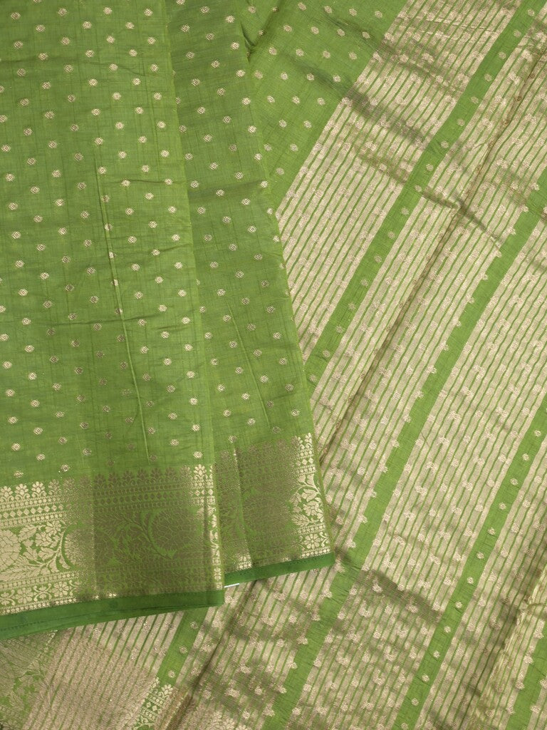 Dupion fancy saree parrot green color allover zari motifs & zari border with zari pallu and running blouse