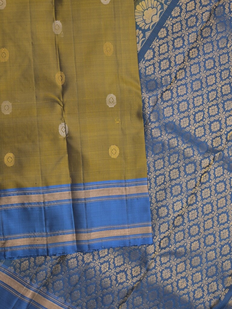 Kanchi pattu saree in olive green color allover zari motifs & zari border with rich pallu and plain blouse