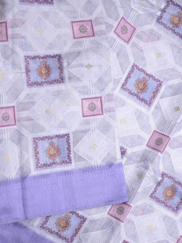 Chanderi fancy saree white and lavender color allover zari weaves & zari border with contrast pallu and contrast blouse