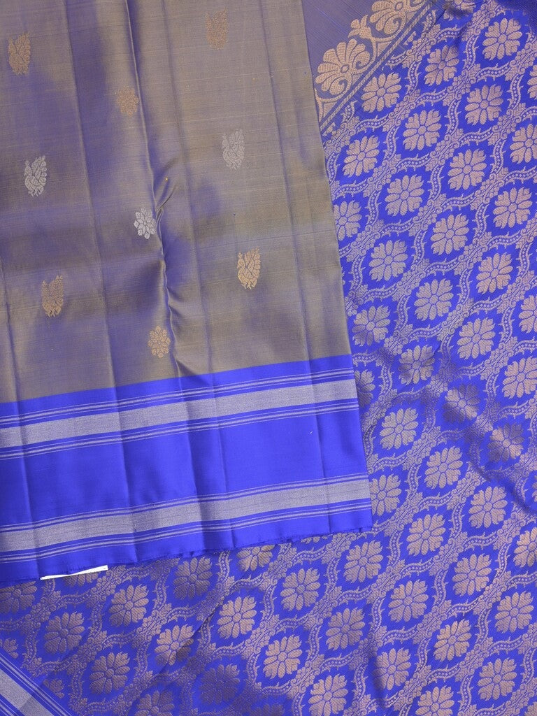 Kanchi pattu saree in bluish brown color allover zari motifs & zari border with rich pallu and plain blouse
