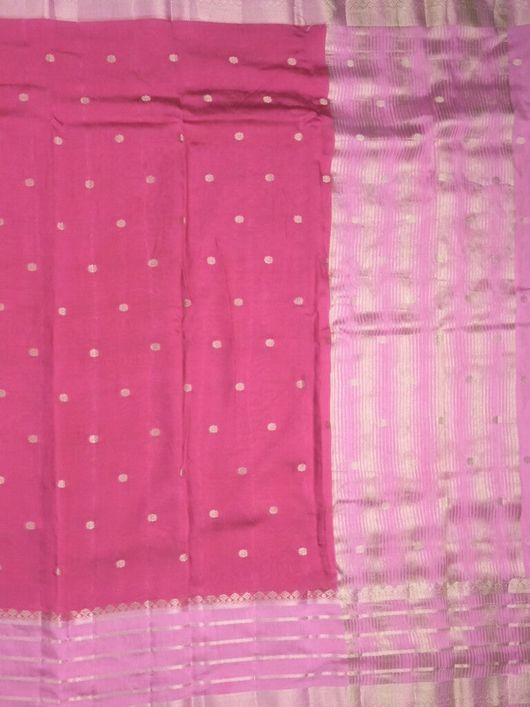 Maheshwari fancy saree pink color allover zari motifs & zari border with short zari pallu and contrast blouse