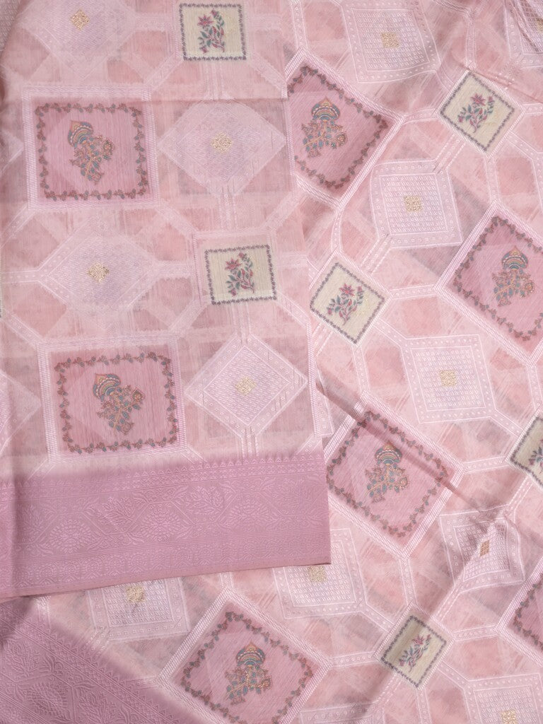 Chanderi fancy saree white and baby pink color allover zari weaves & zari border with contrast pallu and contrast blouse