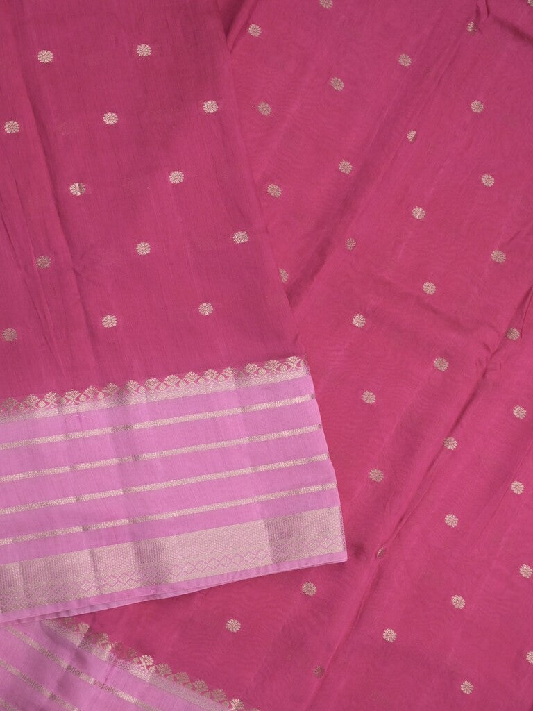Maheshwari fancy saree pink color allover zari motifs & zari border with short zari pallu and contrast blouse