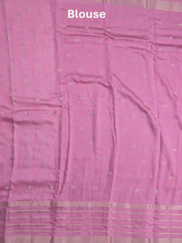 Maheshwari fancy saree pink color allover zari motifs & zari border with short zari pallu and contrast blouse