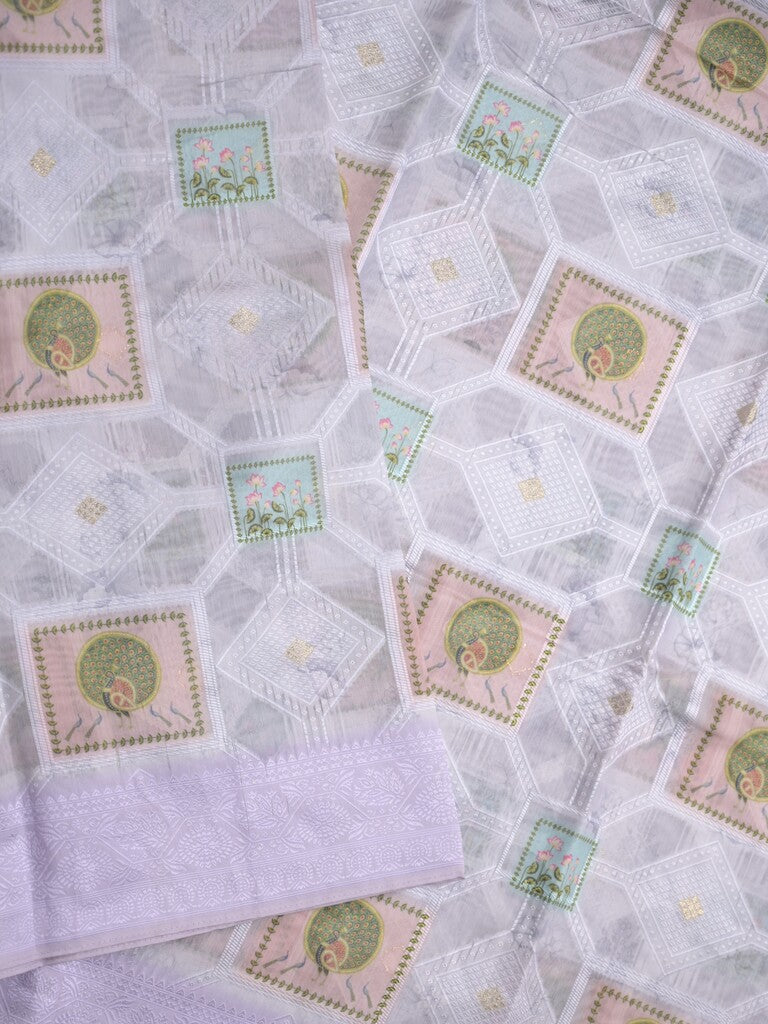 Chanderi fancy saree white and light purple color allover zari weaves & zari border with contrast pallu and contrast blouse