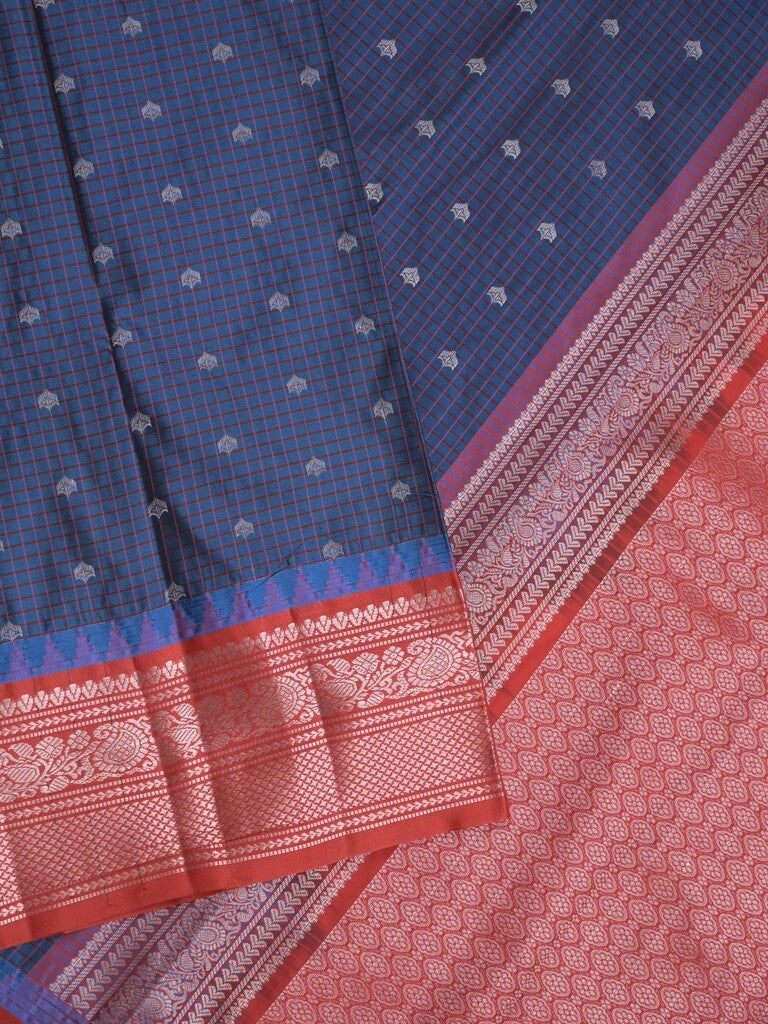 Gadwal pattu saree navy blue color allover zari motifs & kanchi border with rich pallu and contrast plain blouse