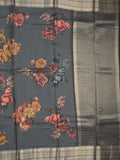 Maheshwari fancy saree grey color allover stripes, prints & zari border with zari pallu and plain blouse