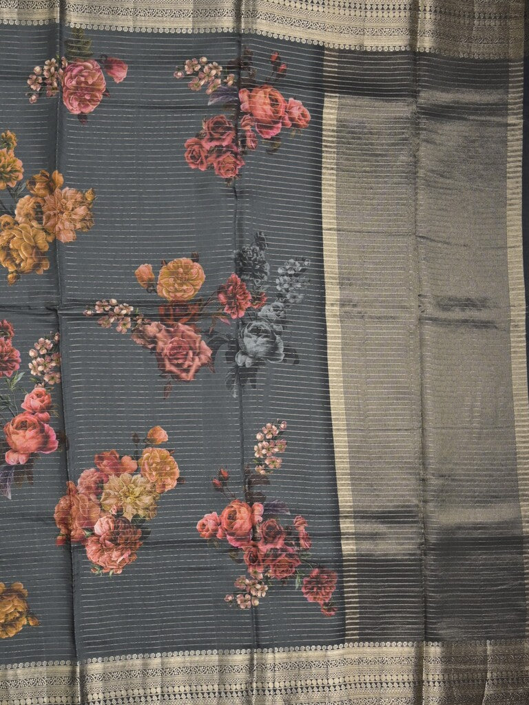 Maheshwari fancy saree grey color allover stripes, prints & zari border with zari pallu and plain blouse