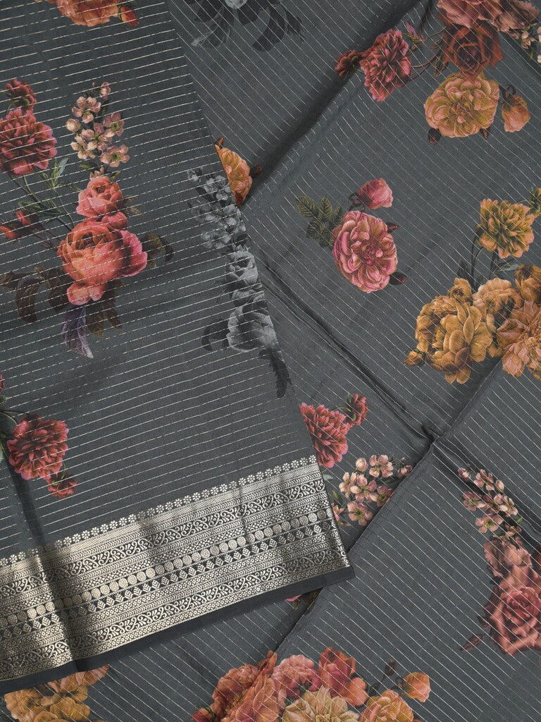 Maheshwari fancy saree grey color allover stripes, prints & zari border with zari pallu and plain blouse