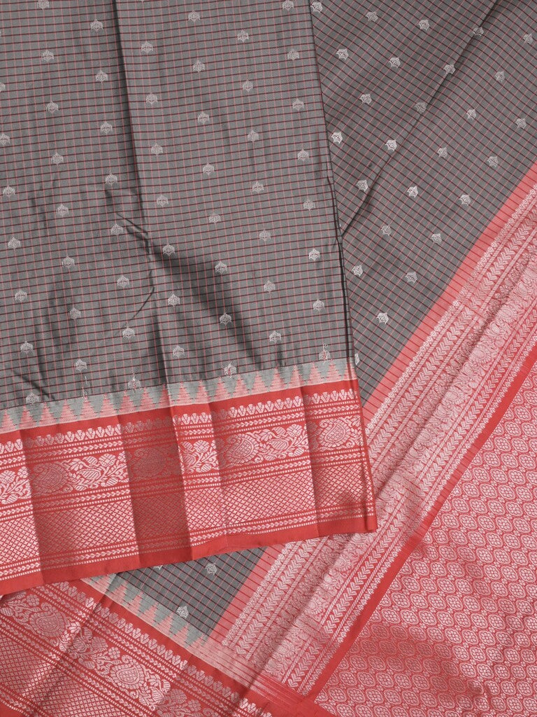 Gadwal pattu saree grey color allover zari motifs & kanchi border with rich pallu and contrast plain blouse