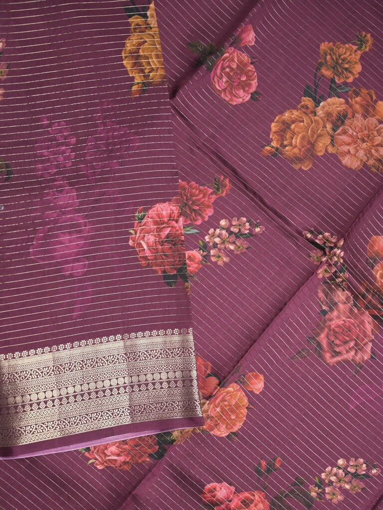 Maheshwari fancy saree wine color allover stripes, prints & zari border with zari pallu and plain blouse