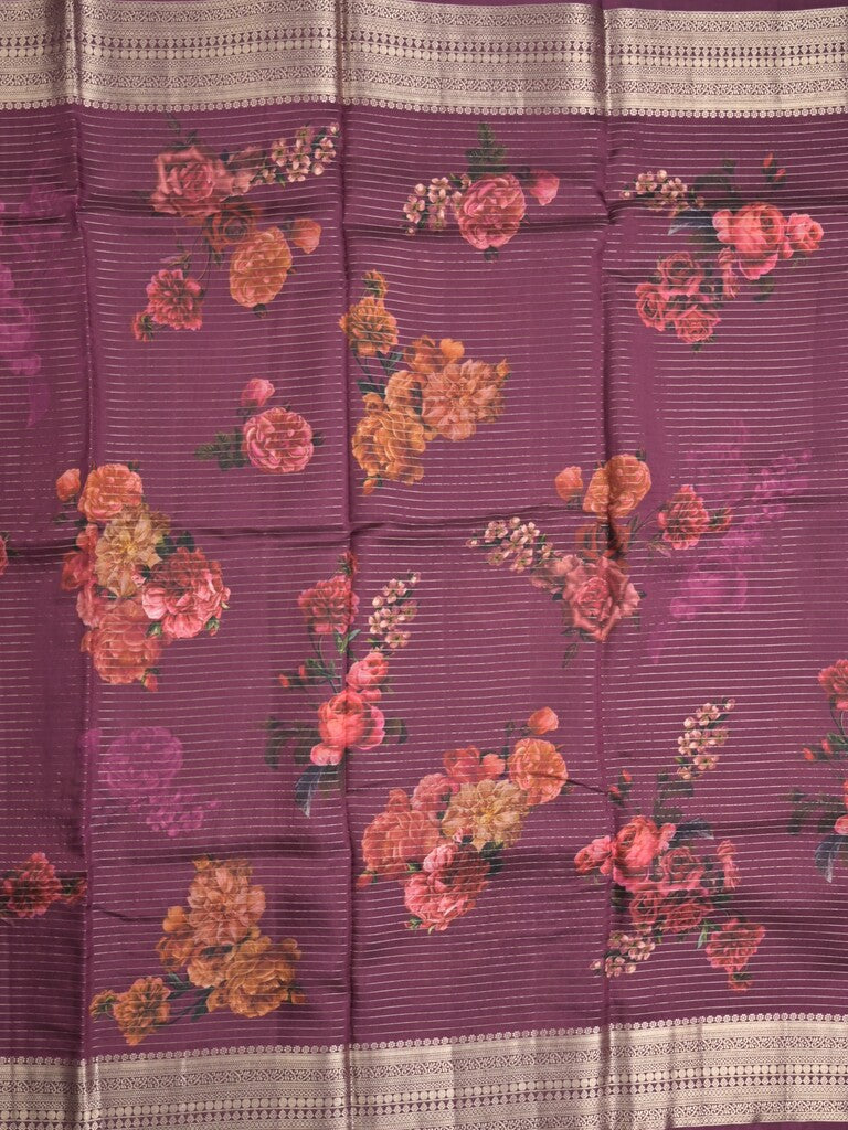 Maheshwari fancy saree wine color allover stripes, prints & zari border with zari pallu and plain blouse