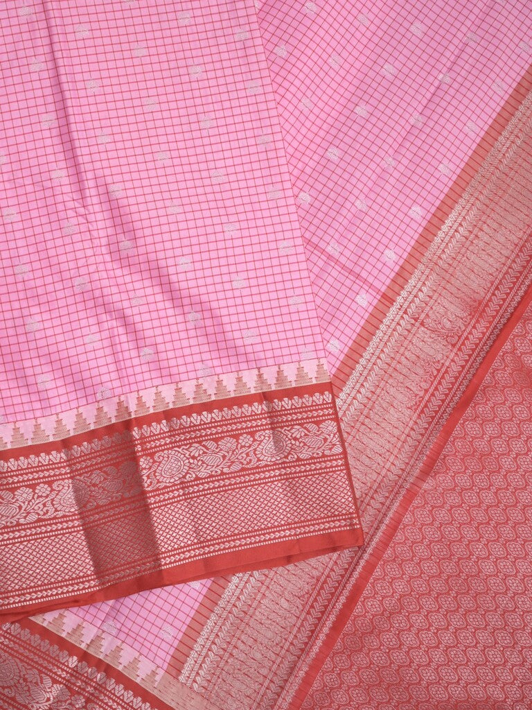 Gadwal pattu saree baby pink color allover zari motifs & kanchi border with rich pallu and contrast plain blouse