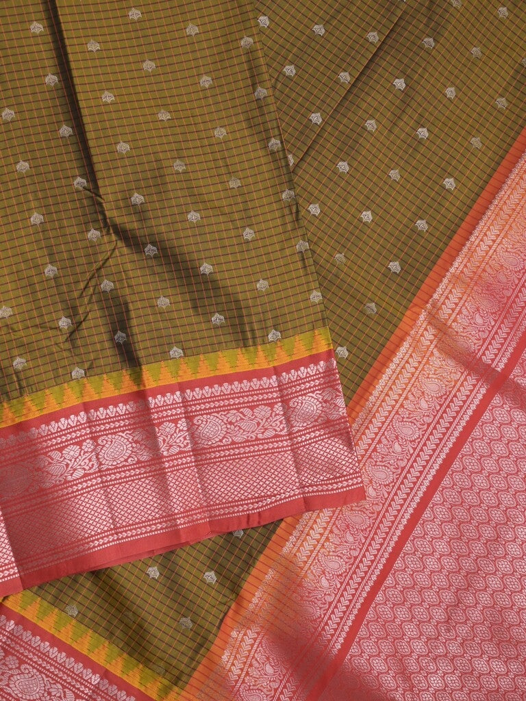 Gadwal pattu saree greenish brown color allover zari motifs & kanchi border with rich pallu and contrast plain blouse