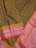 Gadwal pattu saree greenish brown color allover zari motifs & kanchi border with rich pallu and contrast plain blouse