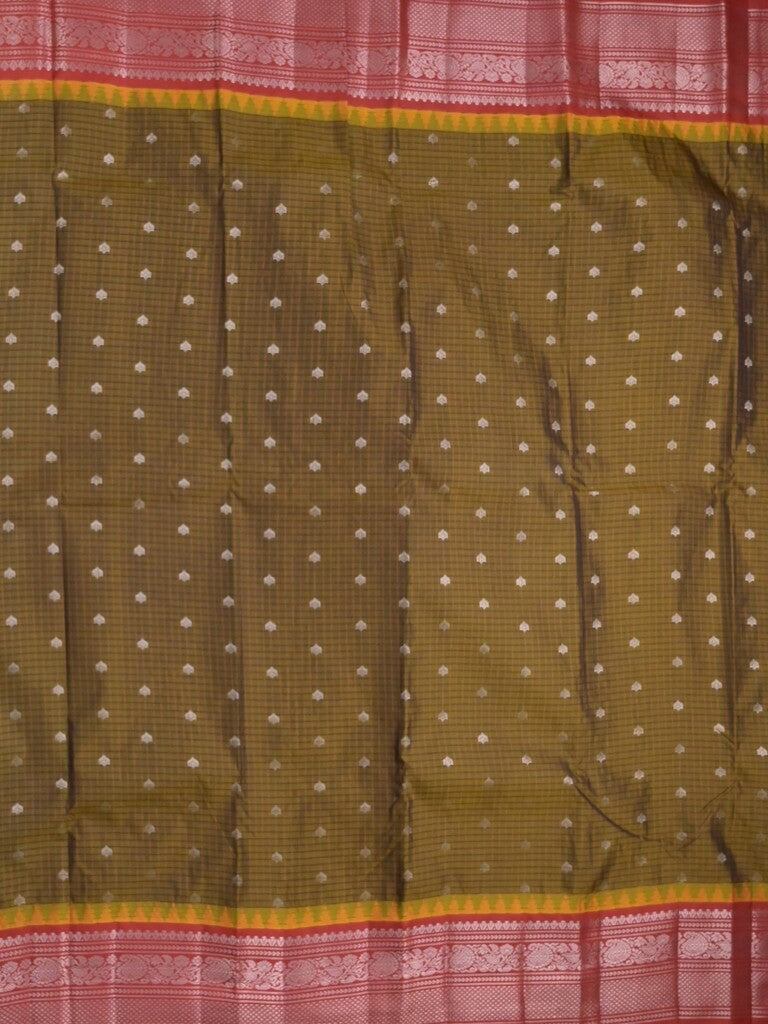 Gadwal pattu saree greenish brown color allover zari motifs & kanchi border with rich pallu and contrast plain blouse