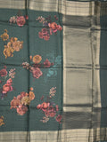 Maheshwari fancy saree dark green color allover stripes, prints & zari border with zari pallu and plain blouse