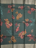 Maheshwari fancy saree dark green color allover stripes, prints & zari border with zari pallu and plain blouse