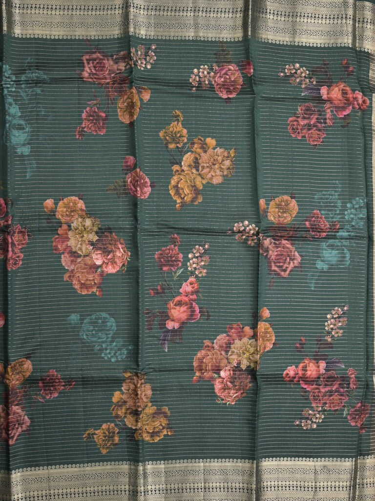 Maheshwari fancy saree dark green color allover stripes, prints & zari border with zari pallu and plain blouse
