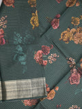 Maheshwari fancy saree dark green color allover stripes, prints & zari border with zari pallu and plain blouse