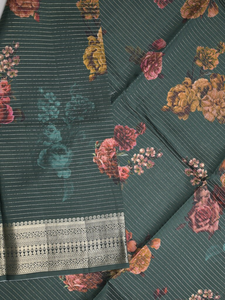 Maheshwari fancy saree dark green color allover stripes, prints & zari border with zari pallu and plain blouse