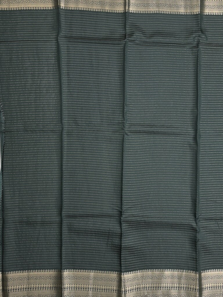 Maheshwari fancy saree dark green color allover stripes, prints & zari border with zari pallu and plain blouse