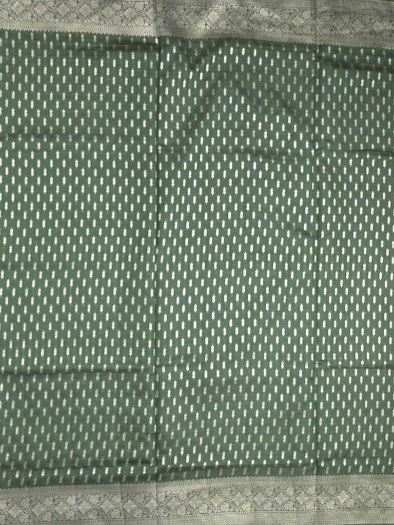 Dupion fancy saree bottle green color allover zari motifs & zari border with rich pallu and plain blouse