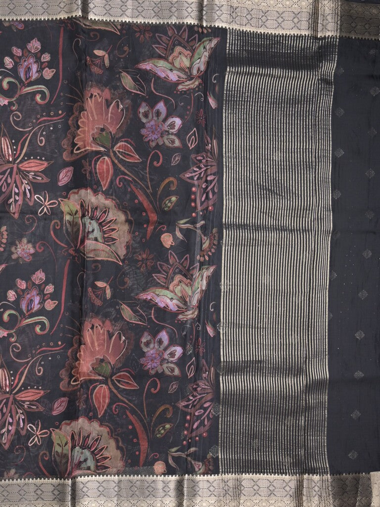 Georgette fancy saree black color allover prints & zari border with zari pallu and plain blouse